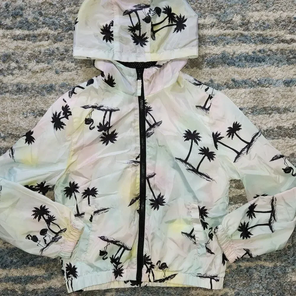 Justice Girls Windbreaker Jacket Lightweight Hood Size 10 Palm Trees Tropical